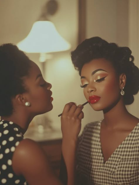 Retro Style Makeup, Vintage Black Glamour 1950s, 1950s Inspired Photoshoot, Vintage Black Women Aesthetic, 1950s Makeup Black Women, 1950s Aesthetic Black Women, Vintage Makeup Black Women, 50s Glam Makeup, Old Hollywood Makeup Black Women