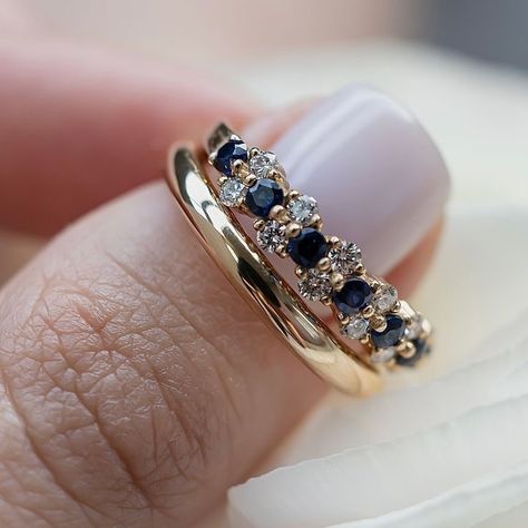 Sapphire Engagement Ring And Band, Four Stone Ring, Rings For Everyday Wear, Blue Stone Wedding Band, Colourful Wedding Band, Wedding Band Sets His And Hers, Wedding Band For 3 Stone Engagement Ring, Colored Wedding Band, Sapphire Wedding Band Set