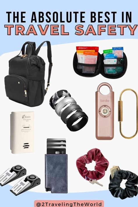 Image has 7 floating items that will help keep you safe on vacation. Image reads "The Absolute Best in Travel Safety" The first is the best travel backpack with locking clasps. The 2nd is a travel first aid kit, third is a door stop alar, 4th is a personal alarm, the 5th is a fake wedding band, 6th is a RFID blocking wallet and last image shows hidden wallet scrunchie. These items are must have on your packing list for any vacation to help keep your family safe. Travel Safety Gadgets, Luggage Packing List, Travel Checklist Printable, Trip Essentials Packing Lists, Hotel Safety, Amazon Travel Must Haves, Safety Gadgets, Mini First Aid Kit, Packing Essentials List