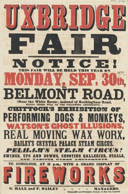 graphic design: historical type 19th century advertising boom Victorian Posters, Wood Type Poster, Victorian Typography, Mechanical Bird, Fair Poster, Red Pumpkin, History Of Graphic Design, Chalk Lettering, Circus Poster