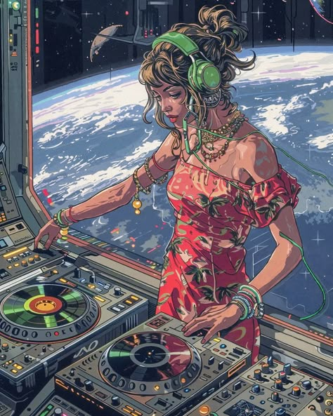 DJ Spirit stood at the helm of her cosmic turntables, floating high above Earth in the Celestial Sound Station. Her floral dress swayed with the rhythm as she mixed tracks, the melodies weaving through the vast expanse of space. Tonight, she was hosting the annual Lunar Harmony Festival, a live broadcast that connected every corner of the galaxy with her ethereal beats. As the music resonated through the void, DJ Spirit tapped into the unique frequencies of distant planets, harmonizing their... Lunar Colony, Music Building, Scifi Artwork, Distress Signal, Music Mixing, Space Music, Dj Art, Sassy Women, Internet Art