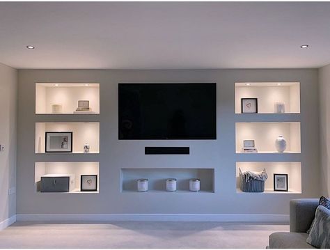 Media Wall Shelving Ideas, Tv Wall With Built In Shelves, Media Wall Ideas Without Fireplace, Media Wall Ideas, Man Home Decor, Ruang Tv, Feature Wall Living Room, Built In Shelves Living Room, Living Room Wall Units