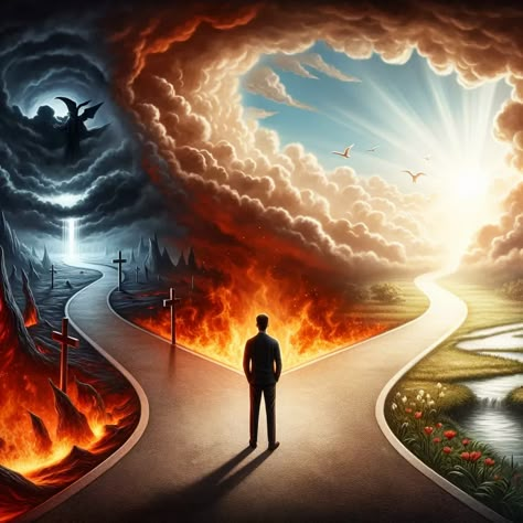 A person standing at a crossroads, looking towards the left where there is a dramatic, fiery landscape representing hell, with dark skies and ominous flames. To the right, a serene and beautiful depiction of heaven, with bright light, peaceful clouds, and a sense of tranquility. The person appears contemplative, symbolizing the choice between good and evil. The scene is detailed and visually striking, capturing the stark contrast between the two paths. Christian Background Images, Heaven Images, Path To Heaven, Jesus Background, Jesus Artwork, Christian Backgrounds, Cool Pictures For Wallpaper, Jesus Christ Artwork, Heaven Art