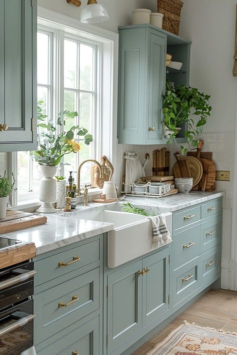 Sea Foam Blue Kitchen, Lake House Small Kitchen, Teal Kitchen Cabinets Color Combos, Beachy Farmhouse Kitchen, Lake Kitchen Ideas, Retro Inspired Kitchen, Coastal Cabinet Colors, Coastal Blue Kitchen Cabinets, Coastal Farmhouse Kitchen Ideas