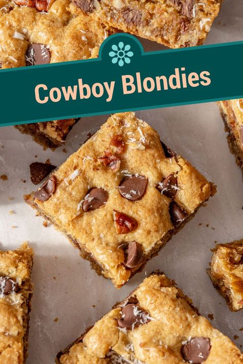 One-Bowl Cowboy Blondies Cowboy Blondies Recipe, Cowboy Bars Recipe, Cowboy Blondies, Pb Blondies, Cookies Crumble, Baked Bars, Cowboy Cookie, Blondie Recipes, Blonde Brownies