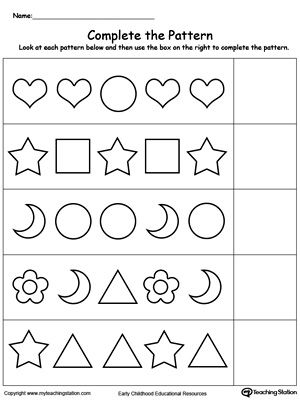 Complete The Pattern: Your child will learn to recognize and complete patterns by identifying next picture, color, size and shape in this printable worksheet. What Comes Next Worksheets Preschool, Picture Patterns Worksheets, Complete The Pattern Worksheet Grade 1, Patterns For Kindergarten Free Printable, Pattern Maths Worksheet, Complete The Picture Worksheet, What Comes Next Pattern Worksheet, Pattern Worksheet For Grade 1, Pattern For Kindergarten