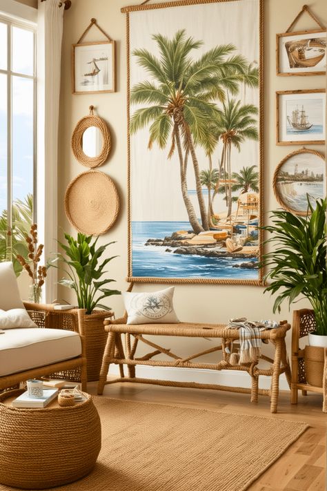 30 Coastal Chic Living Room – The Crafty Hacks Tommy Bahama Kitchen Style, Coastal Bohemian Living Room Ideas, Beach Vibe Living Room, Tropical Interior Design Living Rooms, Beach Condo Decorating Ideas, Caribbean Living Room, French Beach House, Hawaiian Interior Design, Old Florida Decor