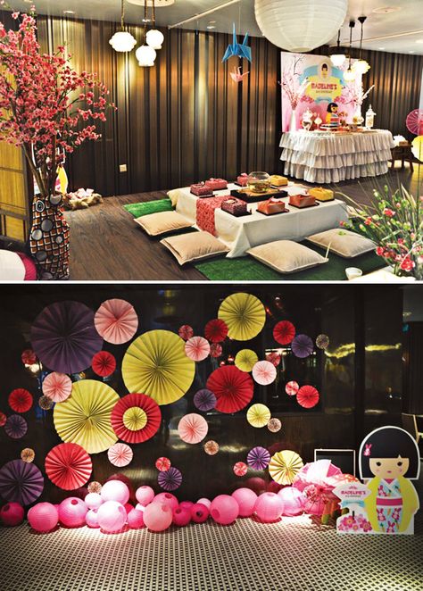 Cheerful Japanese Kimmidoll Themed Party // Hostess with the Mostess® Japanese Party Decorations, Asian Party Decorations, Japanese Theme Parties, Asian Party Themes, Japan Party, Cherry Blossom Party, Chinese Party, Japanese Party, Asian Party