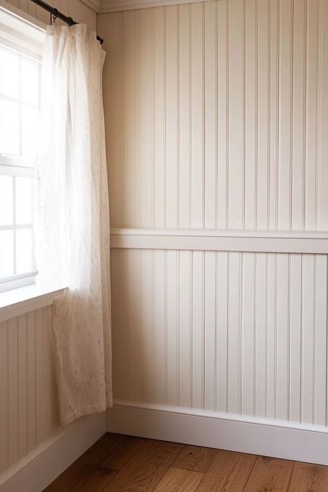 "Elevate your decor with a beautiful DIY Beadboard Accent Wall! 🛠️🎨 Perfect for adding depth and character to your home. 🌟✨ #BeadboardDesign #DIYWallDecor #ClassicHomeStyle" Bead Board Walls And Ceiling, Beadboard Wallpaper Laundry Room, Beadboard Sunroom, Accent Closet Wall, Cream Beadboard, Board And Batten Wall Natural Wood, Bedroom Beadboard, Living Room Beadboard Walls, Board Wall