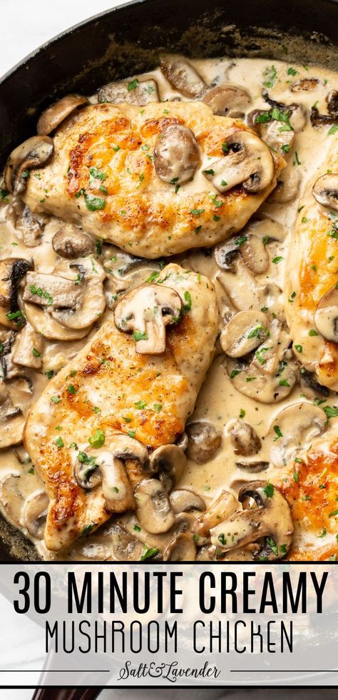 a skillet with chicken in sauce and text overlay that reads 30 minute creamy mushroom chicken Recipes With Cream Of Mushroom, Stove Top Chicken Recipes, Chicken Recipes With Cream, Stove Top Chicken, Sugar Foods, Creamy Mushroom Chicken, Creamy Chicken Recipes, Chicken Mushroom Recipes, Creamy Garlic Chicken