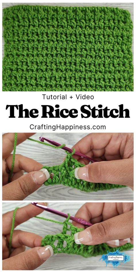 Learn how to crochet the Rice Stitch. Step-by-step tutorial & video from Crafting Happiness. Easy tutorial for beginners Crochet Rice Stitch, Rice Stitch, Back Post Double Crochet, Front Post Double Crochet, Crochet Dishcloth, Easy Stitch, Crochet Videos Tutorials, Learn How To Crochet, Stitch Crochet