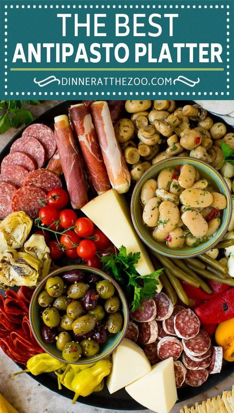 This antipasto platter is a combination of Italian meats, cheeses, vegetables and breads, all arranged to create a fabulous appetizer display. Antipasto Platter Italian, Colorful Recipes, Appetizer Display, Italian Antipasto, Antipasto Salad, Italian Dinner Party, Italian Night, Antipasto Platter, Italian Meats