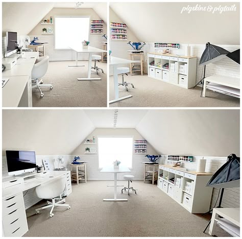 My Craft Room Tour | Pigskins & Pigtails Small Attic Craft Room, Craft Room With Slanted Ceiling, Above Garage Craft Room, Large Craft Room Layout, Attic Sewing Room, Office Hobby Room Ideas, Painters Craft Room, Slanted Ceiling Craft Room, Bonus Room Craft Room Ideas