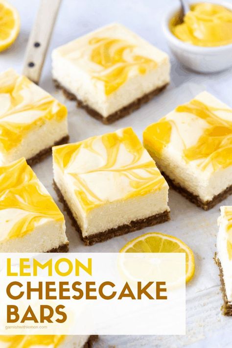 Nothing screams spring like lemon desserts, and this recipe for Lemon Cheesecake Bars uses lemon curd to give each decadent bite just the right amount of tang. Perfect dessert for brunches, showers or graduations! #lemondesserts #cheesecakebars #lemoncurd Spring Recipes Dessert, Dessert Halloween, Lemon Cheesecake Bars, Cheesecake Squares, Dessert Parfait, Spring Recipe, Spring Dessert, Lemon Dessert, Lemon Dessert Recipes