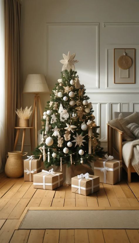 🎄 21 Stunning Elegant Christmas Tree Decorating Ideas You Must Try This Holiday Season! ✨ Christmas Tree Decorations Items, Elegant Christmas Tree Decorations, White Baubles, Natural Ornaments, Straw Decorations, Furniture Light, Small Christmas Tree, Cozy Minimalist, Cozy Christmas Decor