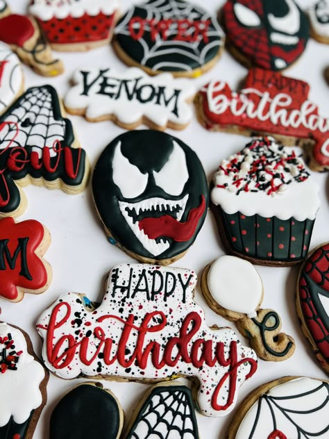 Venom Spiderman Party, Venom Cookies Decorated, Carnage Birthday Party Ideas, Venom Party Decorations, Venom Birthday Party Ideas Decorations, Venom Cookies, Venom Party Ideas Kids, Venom Cupcakes, Venom Party Ideas