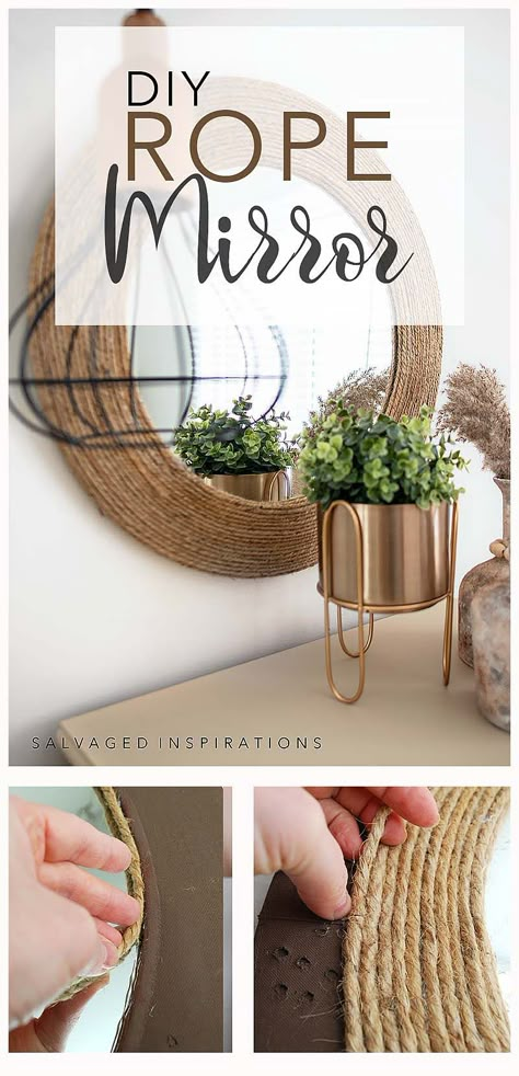 Sisal Rope Diy, Rope Mirror Frame, Diy Rope Mirror, Diy Round Mirror, Mirror Redo, Diy Mirror Decor, Upcycle Mirror, Spiegel Diy, Round Mirror Frame