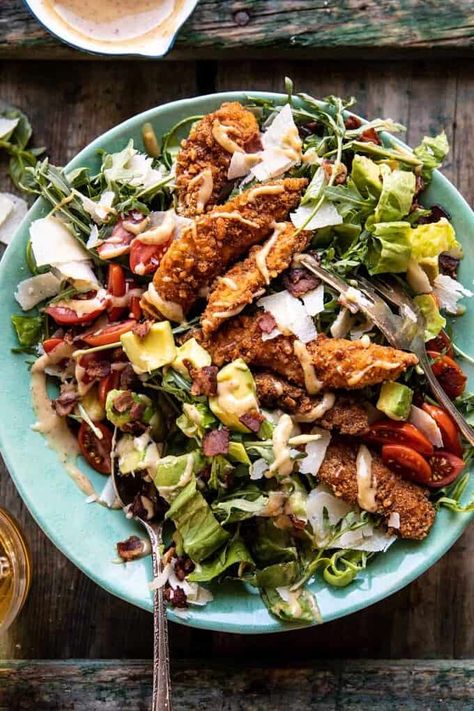 Honey Mustard Pretzel Chicken and Avocado Bacon Salad | halfbakedharvest.com Honey Mustard Pretzel Chicken, Mustard Pretzel Chicken, Pretzel Chicken, Honey Mustard Pretzels, Chicken And Avocado, Half Baked Harvest Recipes, Spring Salad Recipes, Spring Meals, Bacon Salad