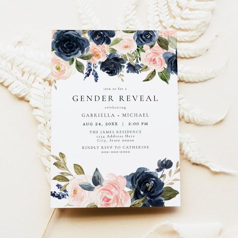 Romantic & Sweet Navy Blush Floral Gender Reveal Invitation Floral Gender Reveal, Gender Reveal Decor, Themed Gender Reveal, Timeless Font, Font Combination, Navy Blue And Pink, Gender Party, Gender Reveal Decorations, Blue Florals