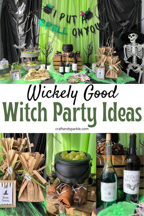 Halloween Party Gift Bags For Adults, Witches Brew Party Ideas, Witches Party Ideas For Adults, Drink Up Witches Party, Halloween Witch Potions, Witch Snacks Party Ideas, Witch Party Favors For Adults, Witch Party Decorations Easy Diy, Witch Theme Food Ideas