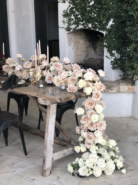 Floral Runner Centerpiece, Floral Table Runners Wedding, Cascading Garland, Floral Garland Wedding, Texas Winery, Bloom Bar, Garland Centerpiece, Minimalist Wedding Reception, Flower Runner