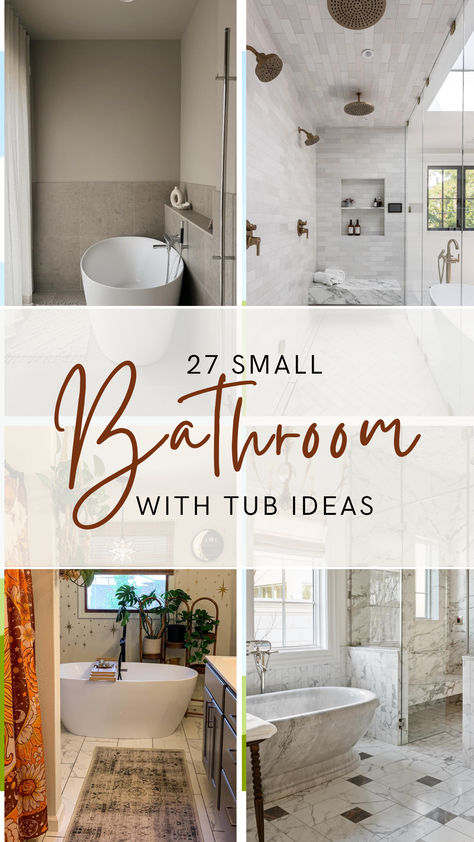 A chic compilation of elegant small bathrooms with tubs, showcasing marble finishes, compact soaking tubs, minimalist designs, and cozy layouts for limited spaces. Soaking Tub Ideas Master Bath, Shower Into Bathtub, Bathtub Combo Ideas, Small Bathroom With A Bathtub, Bathroom Layout With Freestanding Tub, Standing Tub Small Bathroom, Powder Room With Tub, Jacuzzi Tub Shower Combo Ideas, Large Soaking Tub Shower Combo