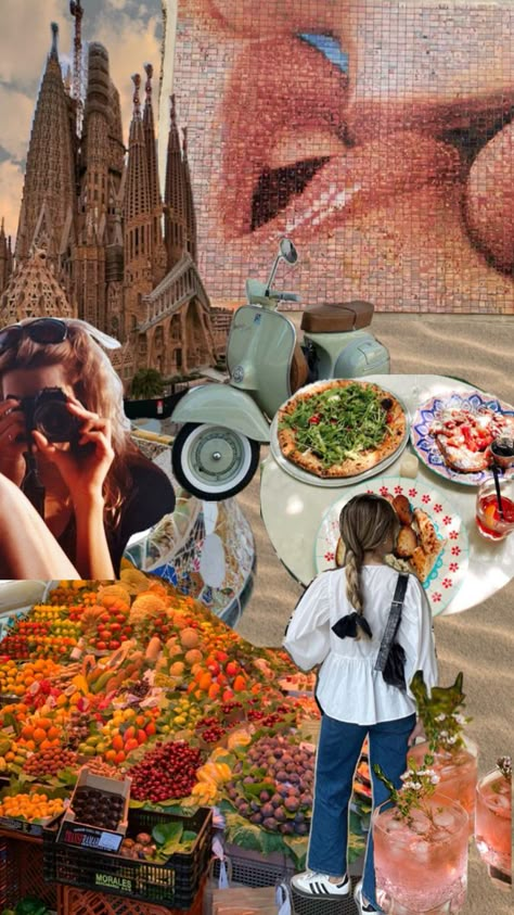 Collage Of Barcelona, showing the Sagrada Família, market with fruits, vespa, cocktails, camera, spanish food Barcelona Now, Barcelona Spring, Barcelona Trip, Barcelona Travel, Girls Trip, Good Vibes, Barcelona, Spain, Vision Board