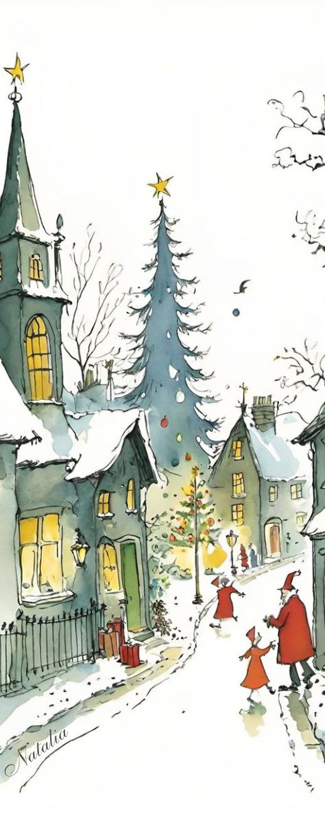 Cosy Christmas Wallpaper, Witches Wallpaper, Christmas Scene Drawing, Christmas Sketch, Wallpaper Digital Art, Christmas Writing, Christmas Landscape, Watercolor Christmas Tree, Scene Drawing