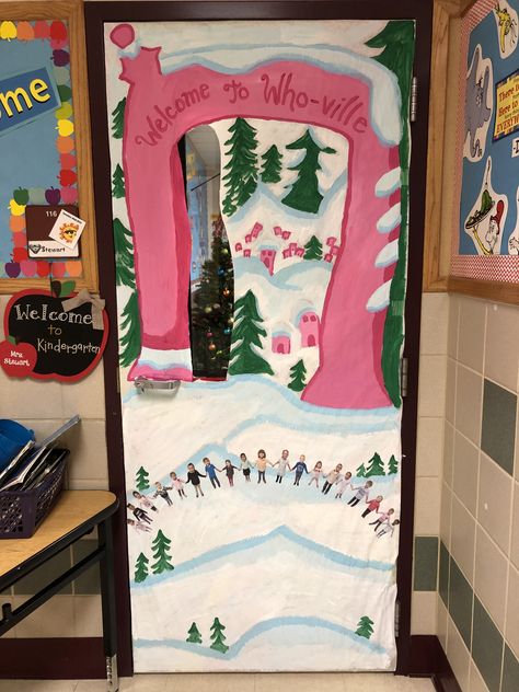 How The Grinch Stole Christmas Classroom Door, Welcome To Whoville Door Decoration, Whoville Door Decorating Contest, Kindergarten Christmas Door Ideas, Christmas Door Decorating Contest Schools Easy, Who Ville Door Decoration, Winter Door Classroom, Whoville Door Decorations For School, Winter Wonderland Classroom Door