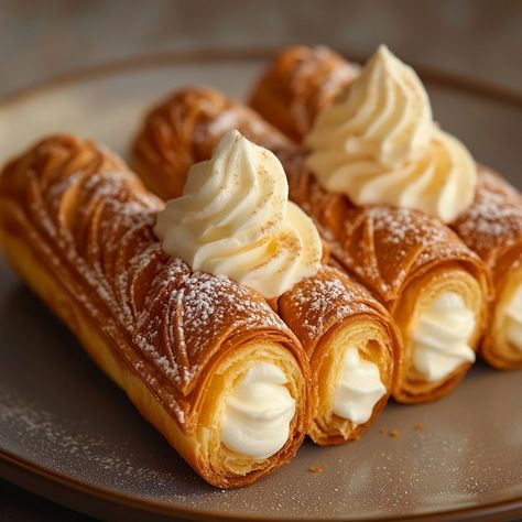 Puff Pastry Cones with Custard: A Crunchy and Creamy Delight Ingredients for the puff pastry: - 1 ready-to-use puff pastry Ingredients for the pastry cream: - 500 ml of milk - 100 g of sugar - 4 egg yolks - 50 g cornstarch - 1 vanilla pod (or 1 teaspoon of vanilla extract) - 50 g of butter Preparation : 1. Preheat your oven to 200°C (thermostat 6-7). Spread the puff pastry on a lightly floured work surface. Cut strips of dough approximately 3 cm wide. 2. Wrap each dough strip around pastry c... Cream Puff Decorating Ideas, Fancy Puff Pastry Desserts, French Pastries Aesthetic, Puff Pastry Cones, Fancy Pastries, Beautiful Pastries, Pastry Aesthetic, Puff Pastry Ingredients, Puff Pastry Dessert