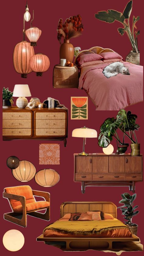 Retro Bedroom Ideas Vintage Eclectic, 70s Inspired Room Bedrooms, Color Scheme For Apartment, From Room Ideas, Bedroom Decor Mood Board, Red And Green Bedroom Aesthetic, Bohemian Maximalist Bedroom, 2025 Interior Design Color Trends, 70s Aesthetic Apartment