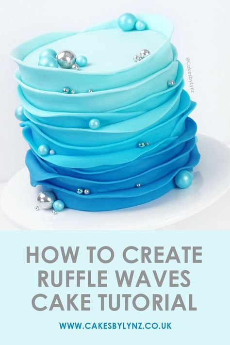 How To Create Ruffle Waves Cake Decorating Tutorial Waves Cake, Ruffle Cake Tutorial, Macaroons Cake, Simple Art Ideas, Car Cake Tutorial, Wave Cake, Fondant Cake Tutorial, Fondant Ruffles, Chocolate Ball