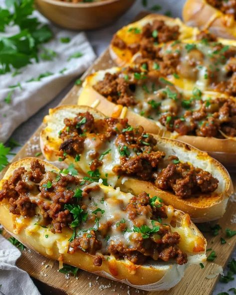 Cheesy Sloppy Joe Garlic Bread Hamburger Beef Recipes, Garlic Bread Sloppy Joes, Sloopy Joes, Recipes Garlic Bread, Cabin Meals, Meatless Meat, Mini Crockpot Recipes, Casserole Beef, Hamburger Dishes