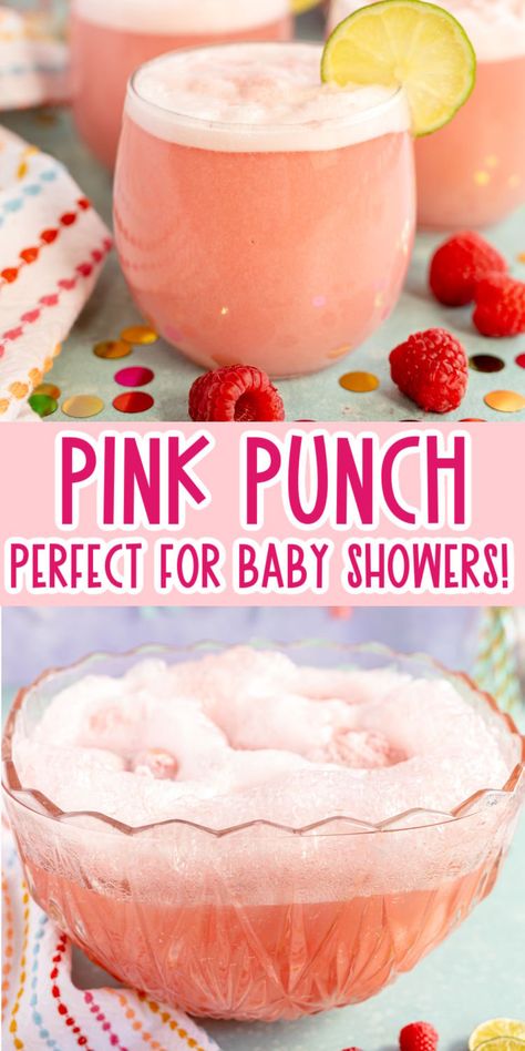 The best pink punch for baby showers, bridal showers, princess parties, and more! Pink Fizzy Drink, Pink Shower Punch, Pink Punch For Baby Shower Recipe Easy, Gender Reveal Punch Ideas, Baby Shower Punch With Sherbert, Baby Shower Refreshments, Pink Sherbet Punch, Pink Punch For Birthday Party, Punch For Baby Shower Recipe