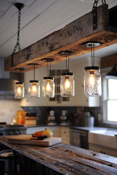 Infuse warmth and ambiance into your kitchen with farmhouse lighting that illuminates your space with style. Explore rustic fixtures and vintage-inspired designs to create a cozy and inviting atmosphere. #FarmhouseKitchen #KitchenLighting #WarmthAmbiance #RusticFixtures #VintageInspiration Lights Above Kitchen Island Rustic, Rustic Lights Farmhouse, Country Lights Farmhouse Style, Lights For Bar Counter, Rustic Beams In Kitchen, Rustic Chandelier Diy, Rustic Bar Lighting, Rustic Kitchen Lights, Kitchen Bar Light Fixtures