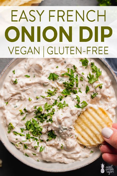 French Onion Dip Easy, Gluten Free Dips, Dairy Free Dips, Dairy Free Appetizers, Dip Easy, Vegan French, French Onion Dip, Gluten Free Sweet, Onion Dip