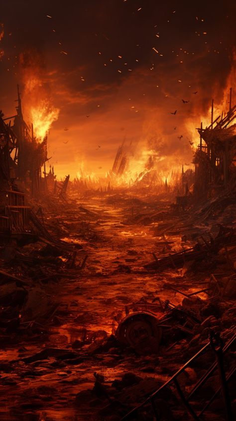 Fire Destruction Aesthetic, Burned Village Art, Burning Village Aesthetic, City On Fire Aesthetic, Destroyed Buildings Art, Burning Forest Aesthetic, Fire Fantasy World, Nuclear Warfare Aesthetic, Nuclear Fallout Aesthetic