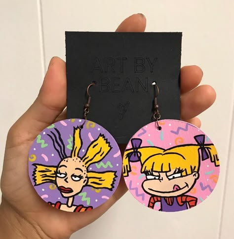 Cartoon Earrings, 90s Earrings, Oil Pastels Painting, Handmade Paint, Hand Painted Earrings, Painted Earrings, Earrings Art, Wooden Earrings, Book Art Drawings