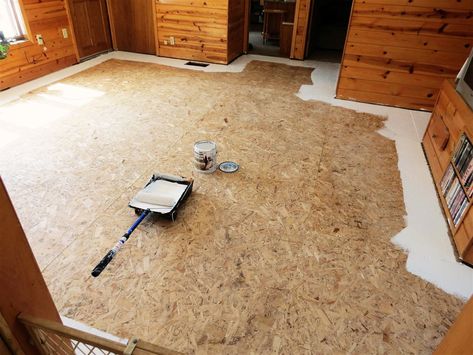 Painted Plywood Subfloors | Painted Plywood Floors Revisited Stained Plywood Floors, Particle Board Floor, Paint Particle Board, Plywood Flooring Diy, Painted Osb, Painting Plywood, Painted Plywood Floors, Stained Plywood, Osb Plywood