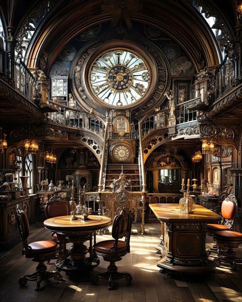 Steampunk House Decor, Steampunk Room Aesthetic, Steampunk Astethic, Fantasy Study Room, Steampunk Room Ideas, Dark Academia Steampunk, Steampunk Library, Steampunk Interior Design, Steampunk Building