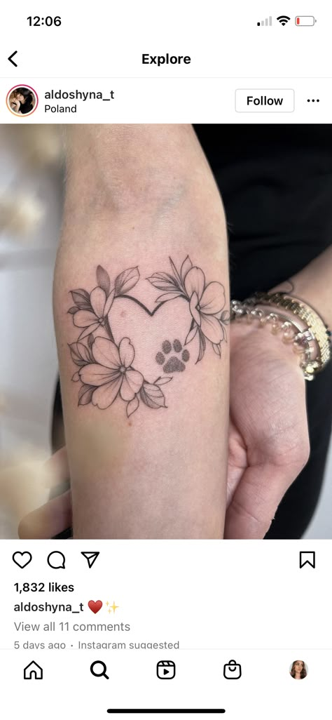 Lily Tattoo With Paw Print, Floral Dog Paw Print Tattoo, Paws And Flowers Tattoo, Flowers And Paw Print Tattoo, Paw Flower Tattoo, Paw Print And Flower Tattoo, Dog Rose Tattoo, Paw Print Tattoo With Flowers, Floral Paw Print Tattoo