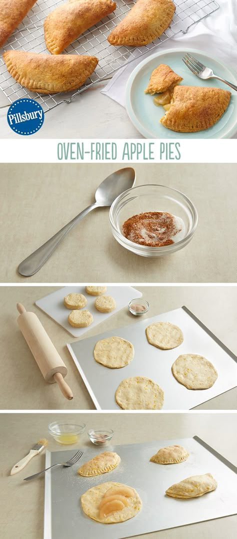 Making mini apple pies is easy when you use refrigerated biscuits for the wrappers! At only 5 ingredients, these oven-fried delights are so worth it. A perfect Fall after-school snack for the kids! Easy Mini Apple Pies For Kids, Mini Apple Pies Using Biscuits, Fried Fruit Pies Easy, Baked Fried Pies, Apple Pie Biscuits, Fried Apple Pies, Cupcakes Christmas, Fried Apple, Fried Pies