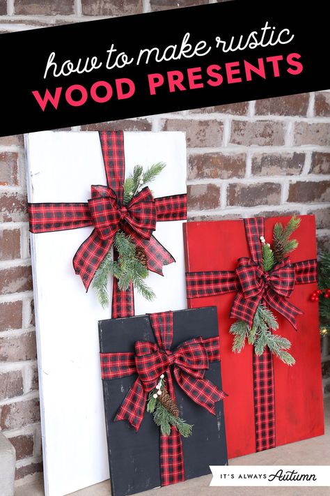 These DIY wood presents are the perfect Christmas decor for your front porch. Our detailed instructions (including what kind of wood to buy) make this an easy project you can complete in an afternoon. DIY Christmas front porch decor. Backyard Christmas Decor Ideas, Front Porch Wreaths, Wood Presents, Christmas Front Porch Decor, Outside Christmas Decorations, Winter Projects, Christmas Front Porch, Front Porch Decor, Christmas Porch Decor