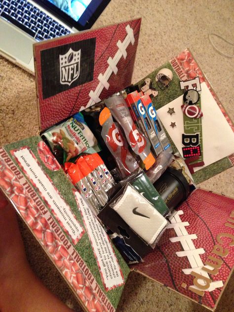 Football Camp Care Package                                                                                                                                                      More Football Care Package, Football Boyfriend Gifts, Photo Boyfriend, Gifts For Boyfriend Long Distance, Camp Care Packages, Boyfriend Care Package, Christmas Care Package, Football Girlfriend, Boyfriend Gift Basket