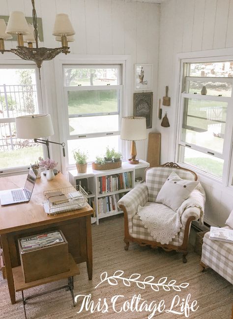 Cottage Style Office, Christmas Paper Lanterns, Lanterns For Christmas, Cozy Office Space, Antique Hoosier Cabinet, Cottage Office, Vintage Home Office, Cottagecore Home, Studio Office