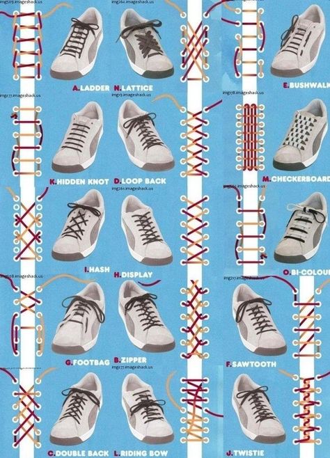 Lace seus sapatos de várias maneiras. | 18 Helpful Diagrams To Solve All Your Clothing Woes Square Kufic, Shoe Tying, Simpul Dasi, Shoes With Laces, Ways To Lace Shoes, How To Tie Shoes, Mode Tips, Diy Vetement, Tie Shoelaces