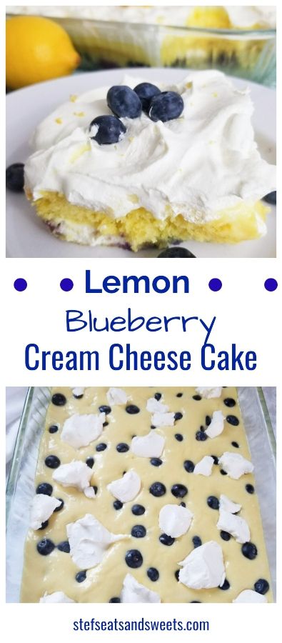 Lemon Blueberry Cream Cheese Cake - Stef's Eats and Sweets Easy Lemon Cake, Lemon Cream Cake, Box Lemon Cake, Lemon Cake Easy, Lemon Blueberry Cake, Lemon Pudding Cake, Super Easy Desserts, Yummy Cheesecake, Cream Cheese Muffins