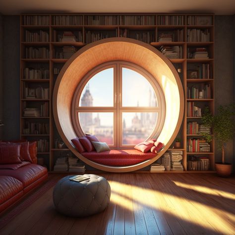 Circle Window Seat, Tiny Single Bedroom, Window Seating Design, Circle Balcony, Landing Reading Nook, Hall Window, Cottage Core Bedroom, Circle Window, Garden Gym