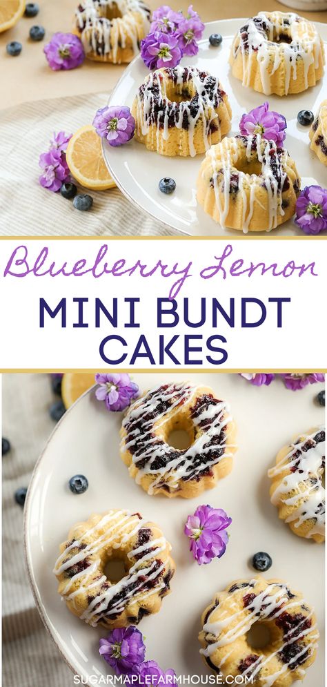 Check out this easy and delicious spring dessert! These Blueberry and Lemon Mini Bundt Cakes are the perfect dessert for any occasion! @lemonblueberrycake #blueberrybundtcake #lemonblueberrypoundcake #bundtcakerecipes #bundtcakedecoratingideas #dessert #springdessert #springrecipe #dessertideas Blueberry Easter Desserts, Mini Lemon Blueberry Bundt Cakes, Blueberry Mini Bundt Cakes, Lemon Blueberry Mini Bundt Cakes, Lemon Raspberry Mini Bundt Cakes, Spring Birthday Desserts, Mini Bundt Desserts, Recipes For Mini Bundt Cakes, Mini Lemon Blueberry Cake