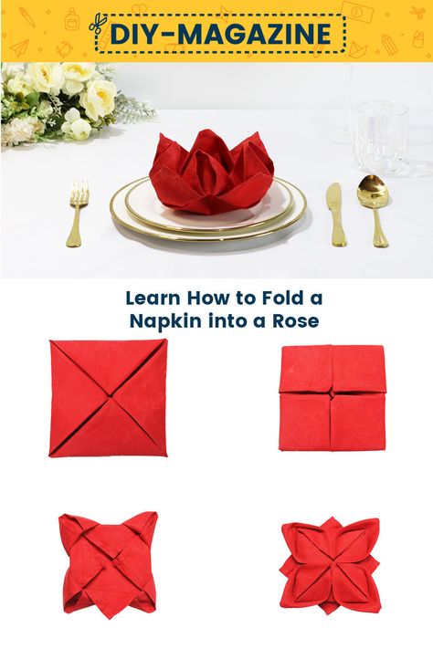 How to fold a napkin into a Rose Fabric Napkin Folding Ideas, Festive Napkin Folding, Table Napkin Folding Step By Step, How To Fold A Napkin, Flower Napkin Folding, Flower Napkin Fold, How To Fold Napkins Fancy, Diy Paper Napkin Folding, Napkin Folding Rose